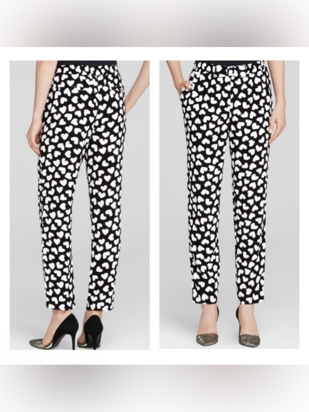 Kate Spade Black and White Dancing Hearts Ankle Straight Leg Pants Size Medium